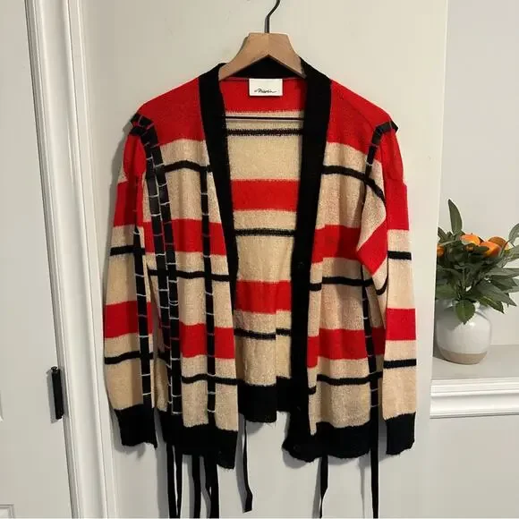 3.1 Phillip Lim Red Black Ribbon Mohair Cardigan Sweater Medium